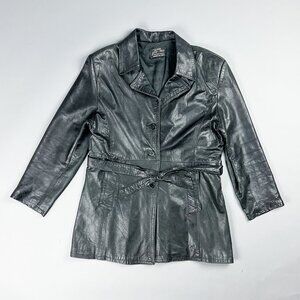 Leather Trench Coat | 70's Black 3/4 Length Long Sleeve Belted Blazer Jacket